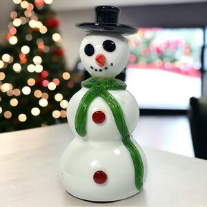 Vtg Handcrafted Blown Glass Art Snowman White Glass Green Scarf Christmas Frosty